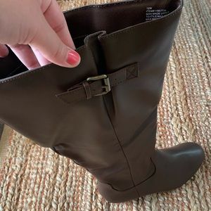 Torrid Brown Wedge Tall Boots with bronze buckle